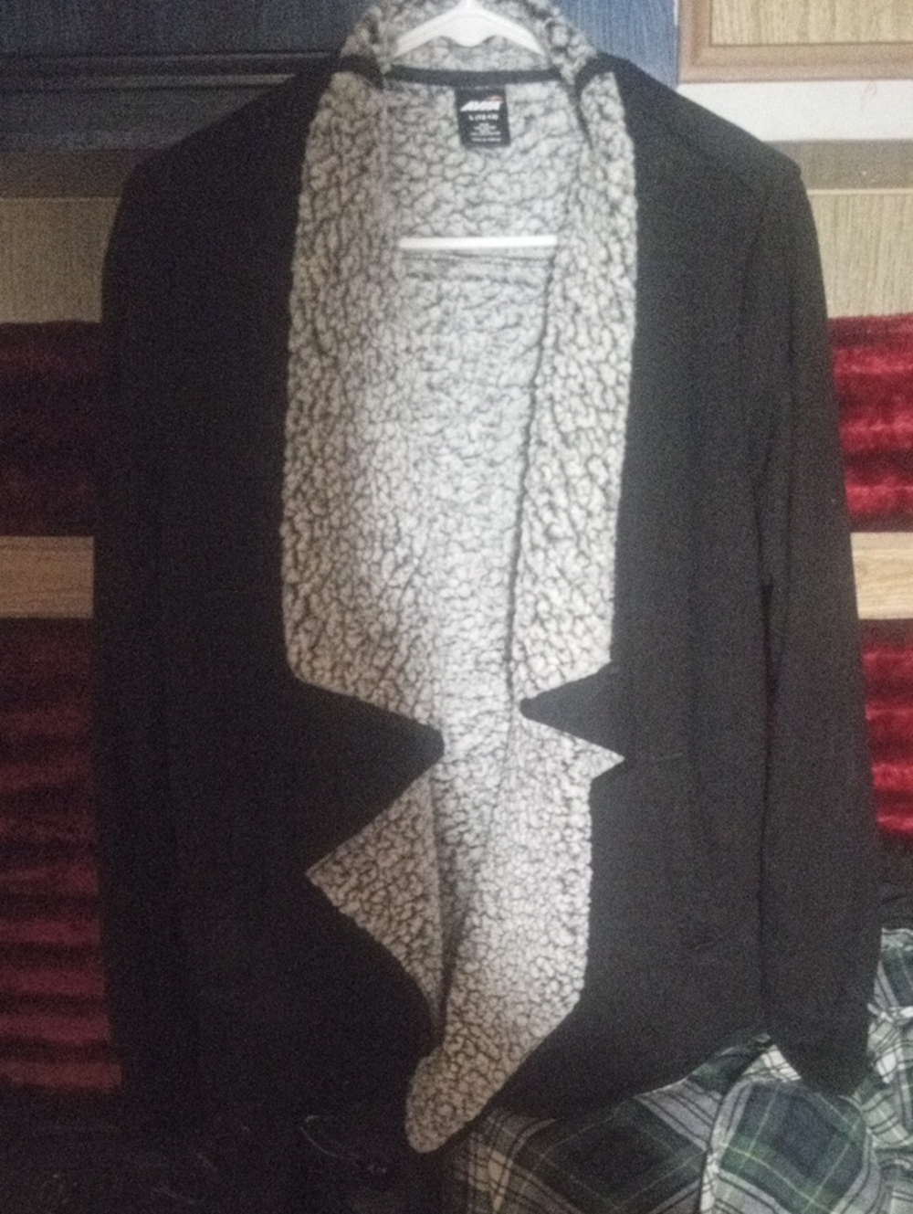 Avia Black Open-Front Cardigan with Cream Sherpa Lining